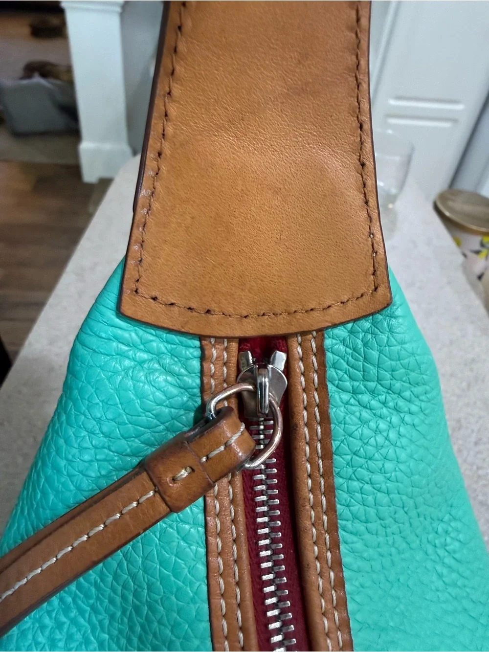 Dooney & Bourke Turquoise Pebbled Leather Shoulder Hobo bag w/ Tan Trim Tassel - Picture 4 of 16